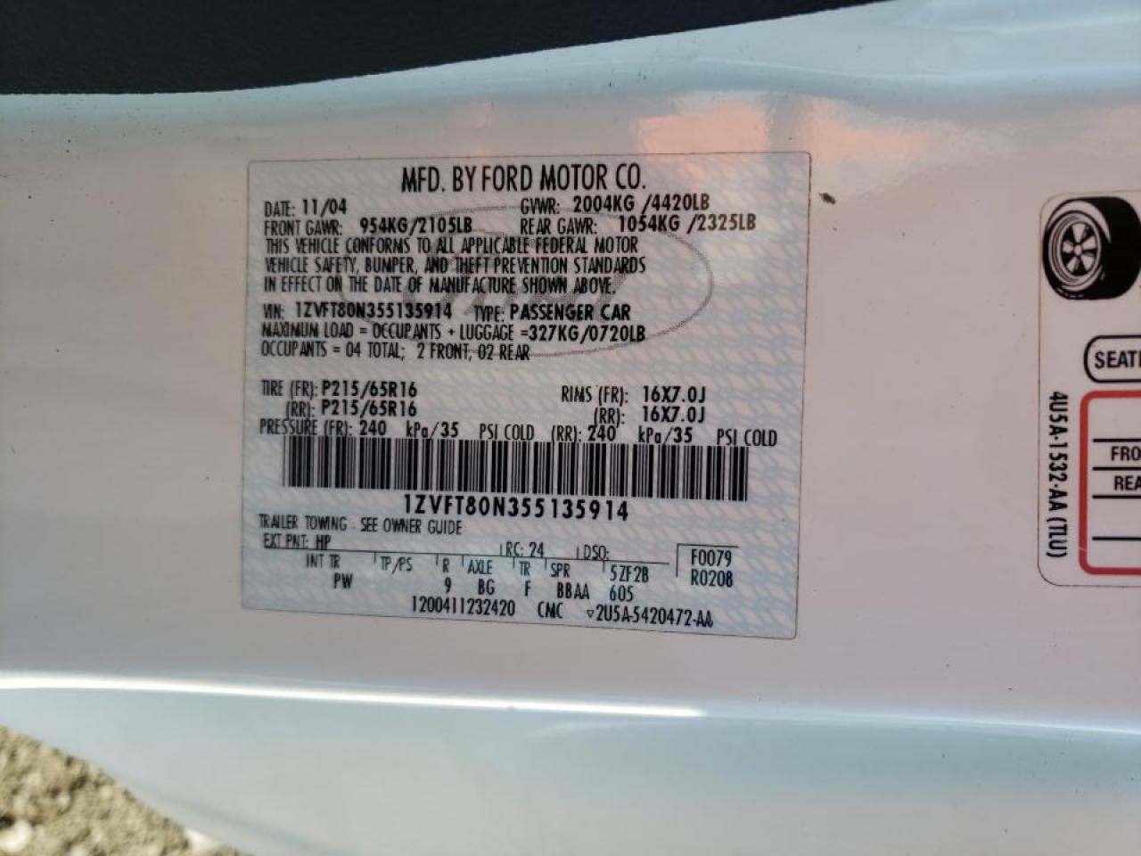 Photo 10 from auction – 2005 FORD MUSTANG with VIN 1ZVFT80N355135914