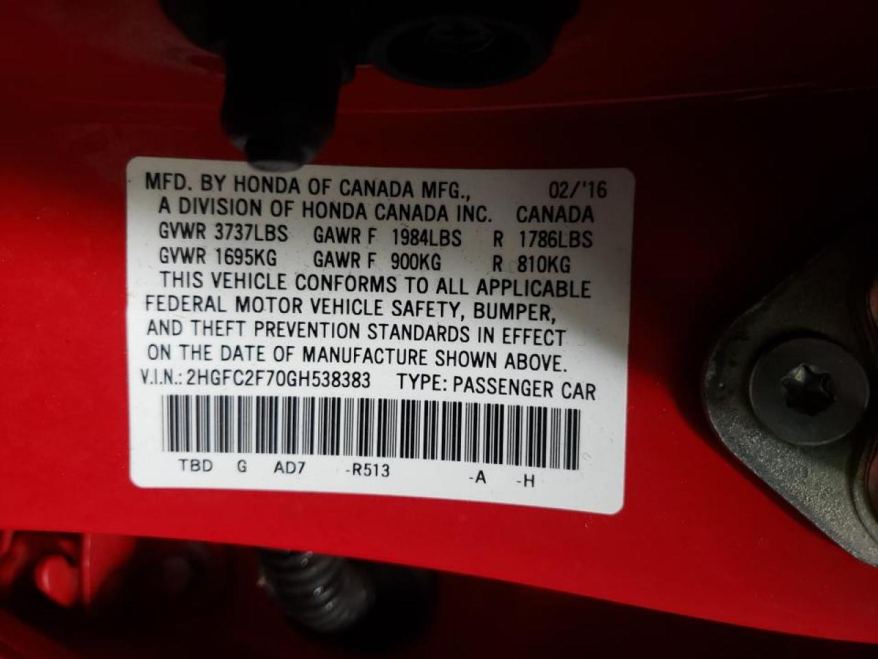 Photo 10 from auction – 2016 HONDA CIVIC EX with VIN 2HGFC2F70GH538383