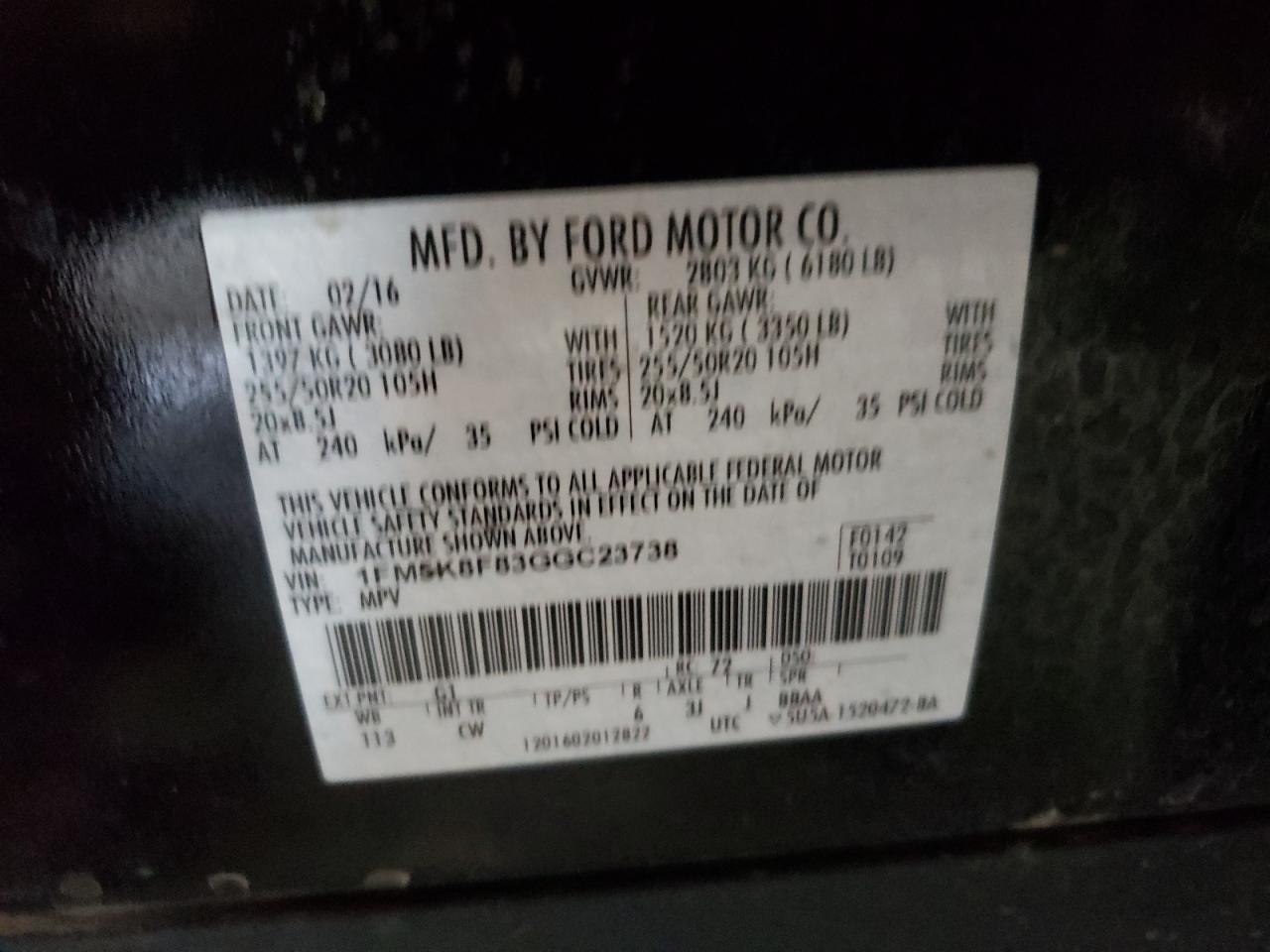 Photo 10 from auction – 2016 FORD EXPLORER L with VIN 1FM5K8F83GGC23738