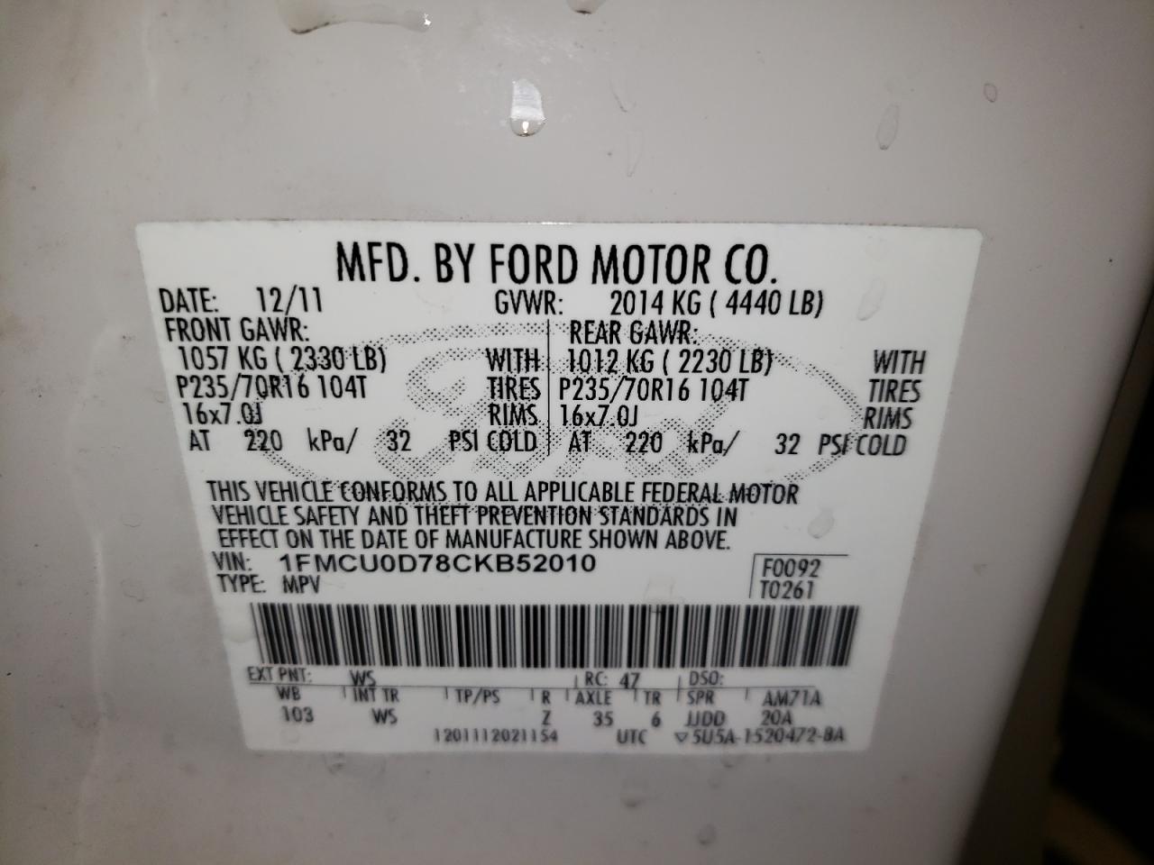 Photo 10 from auction – 2012 FORD ESCAPE XLT with VIN 1FMCU0D78CKB52010
