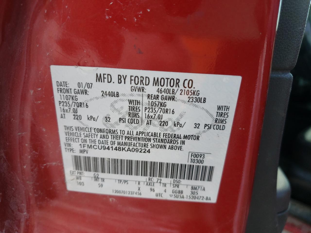 Photo 10 from auction – 2008 FORD ESCAPE LIM with VIN 1FMCU94148KA09224