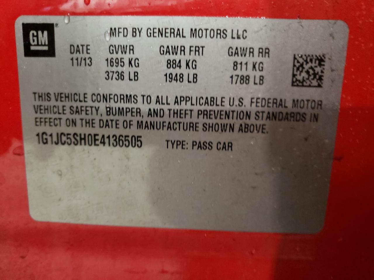 Photo 10 from auction – 2014 CHEVROLET SONIC LT with VIN 1G1JC5SH0E4136505