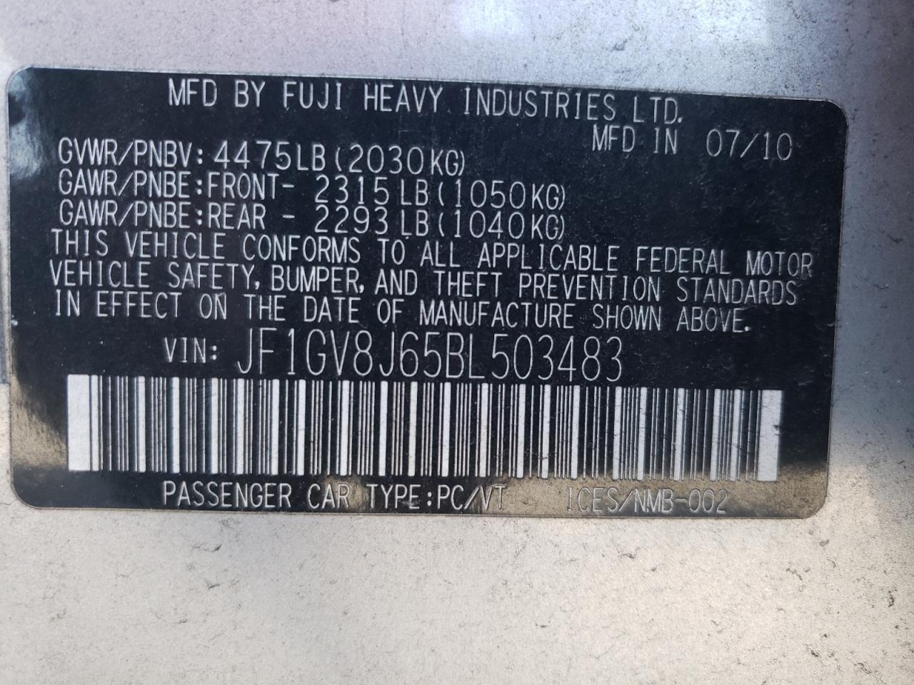 Photo 10 from auction – 2011 SUBARU IMPREZA WR with VIN JF1GV8J65BL503483