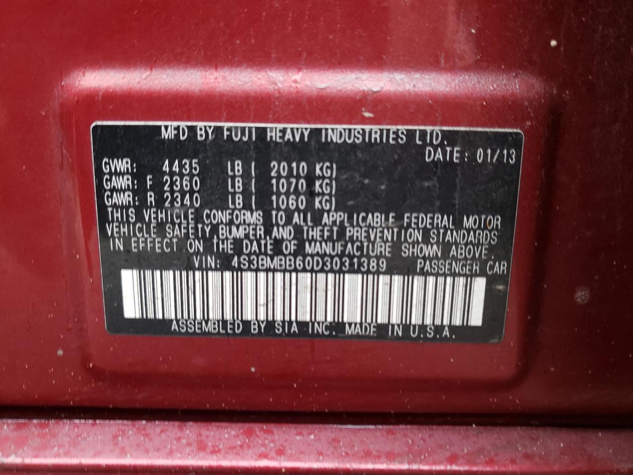 Photo 10 from auction – 2013 SUBARU LEGACY 2.5 with VIN 4S3BMBB60D3031389