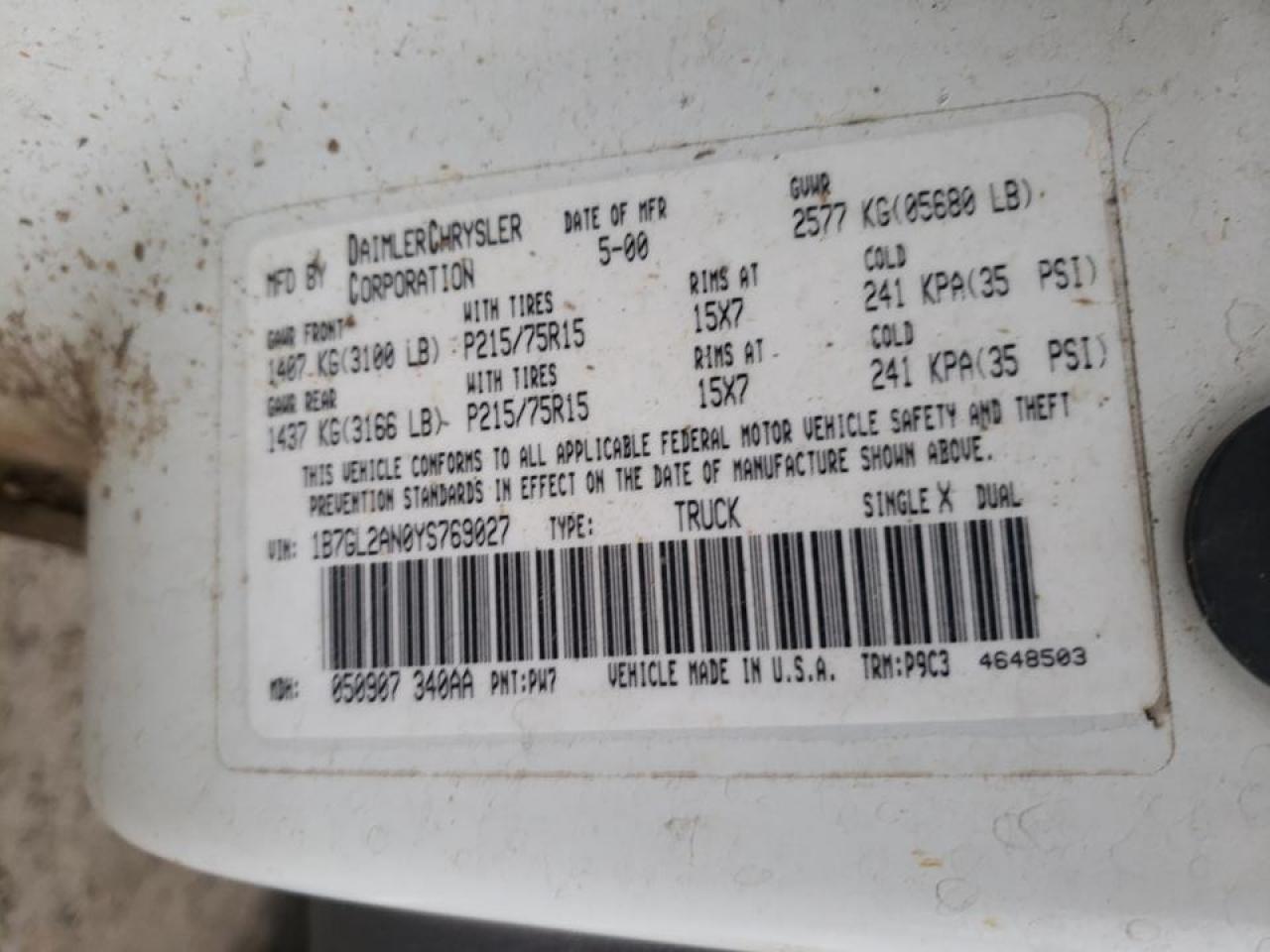 Photo 10 from auction – 2000 DODGE DAKOTA with VIN 1B7GL2AN0YS769027