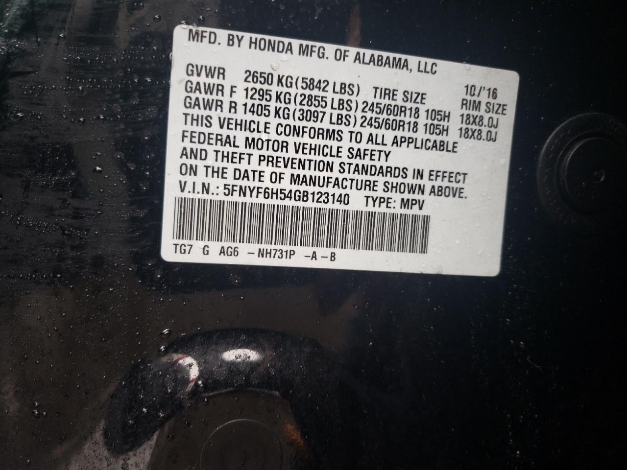 Photo 10 from auction – 2016 HONDA PILOT EXL with VIN 5FNYF6H54GB123140