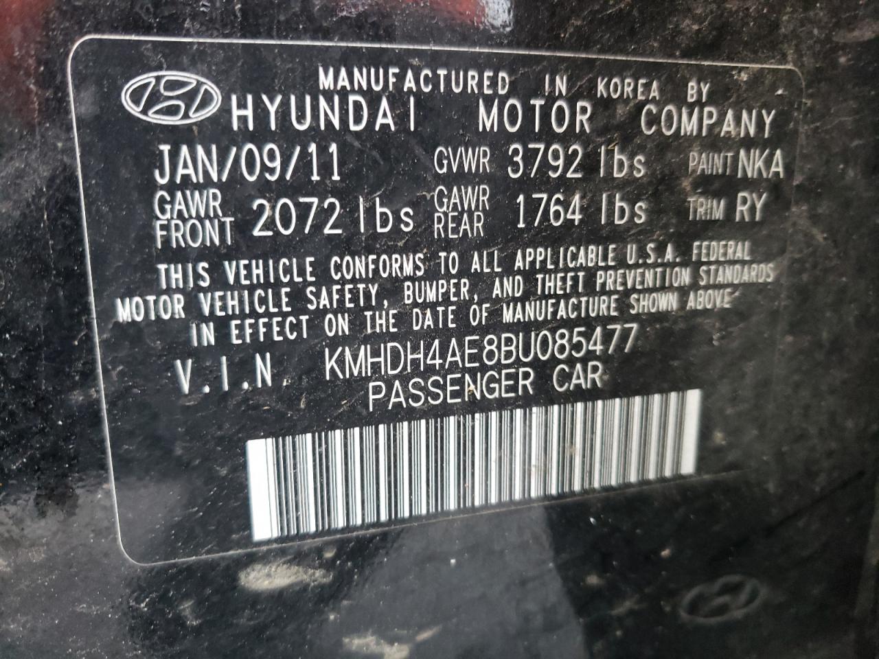 Photo 10 from auction – 2011 HYUNDAI ELANTRA GL with VIN KMHDH4AE8BU085477