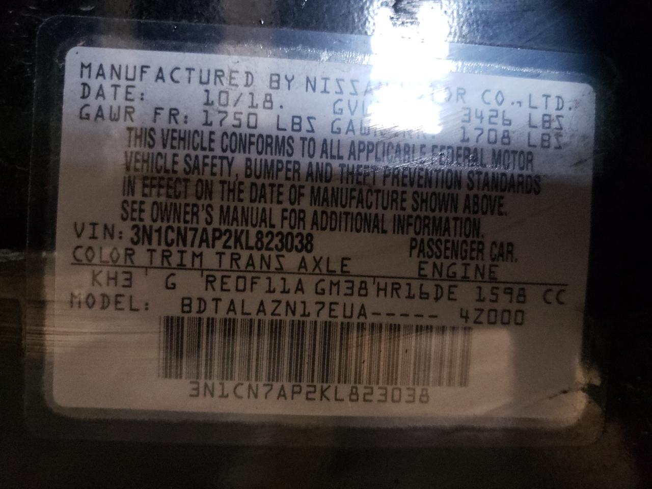 Photo 10 from auction – 2019 NISSAN VERSA S with VIN 3N1CN7AP2KL823038