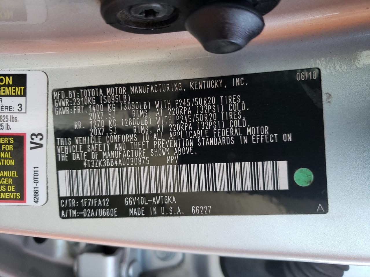 Photo 10 from auction – 2010 TOYOTA VENZA with VIN 4T3ZK3BB4AU030875