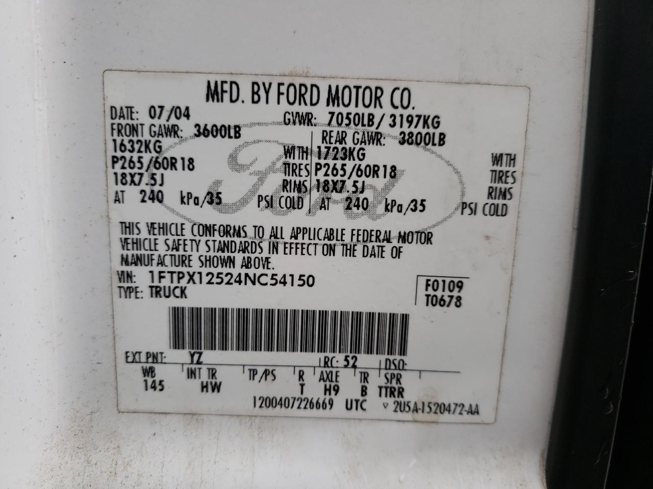 Photo 10 from auction – 2004 FORD F150 with VIN 1FTPX12524NC54150