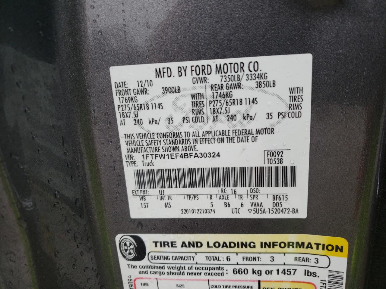 Photo 10 from auction – 2011 FORD F150 SUPER with VIN 1FTFW1EF4BFA30324