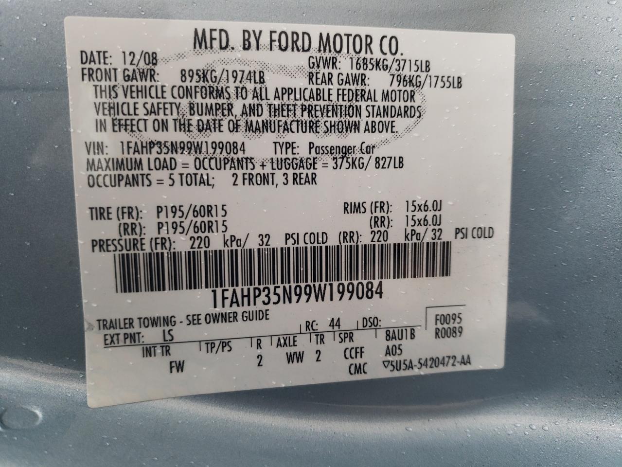 Photo 10 from auction – 2009 FORD FOCUS SE with VIN 1FAHP35N99W199084