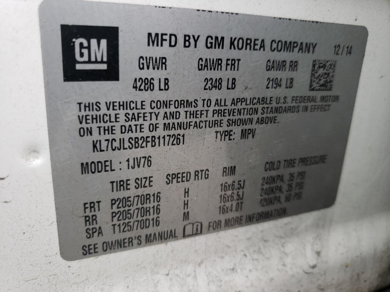 Photo 10 from auction – 2015 CHEVROLET TRAX 1LT with VIN KL7CJLSB2FB117261