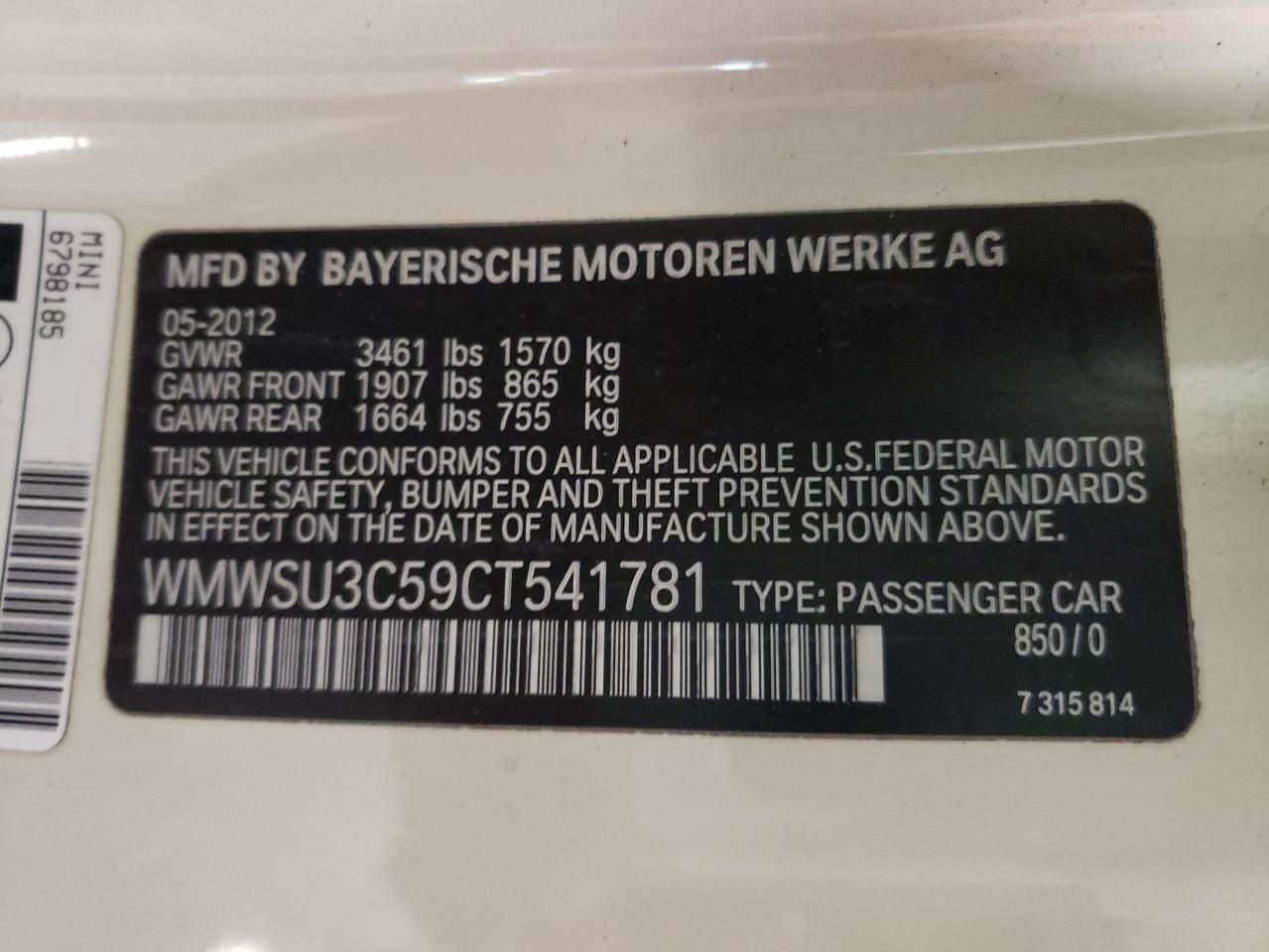 Photo 10 from auction – 2012 MINI COOPER with VIN WMWSU3C59CT541781