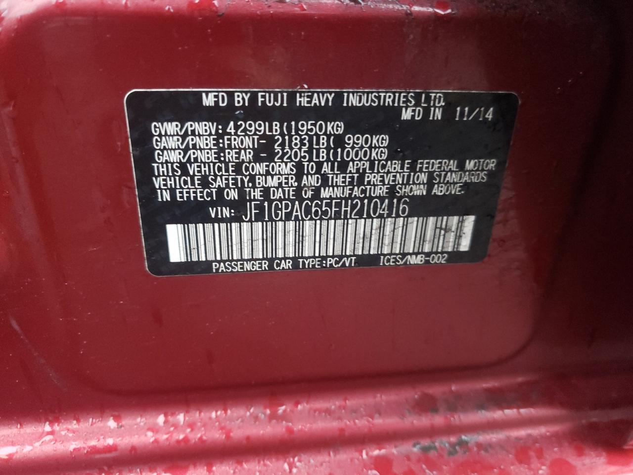 Photo 10 from auction – 2015 SUBARU IMPREZA PR with VIN JF1GPAC65FH210416