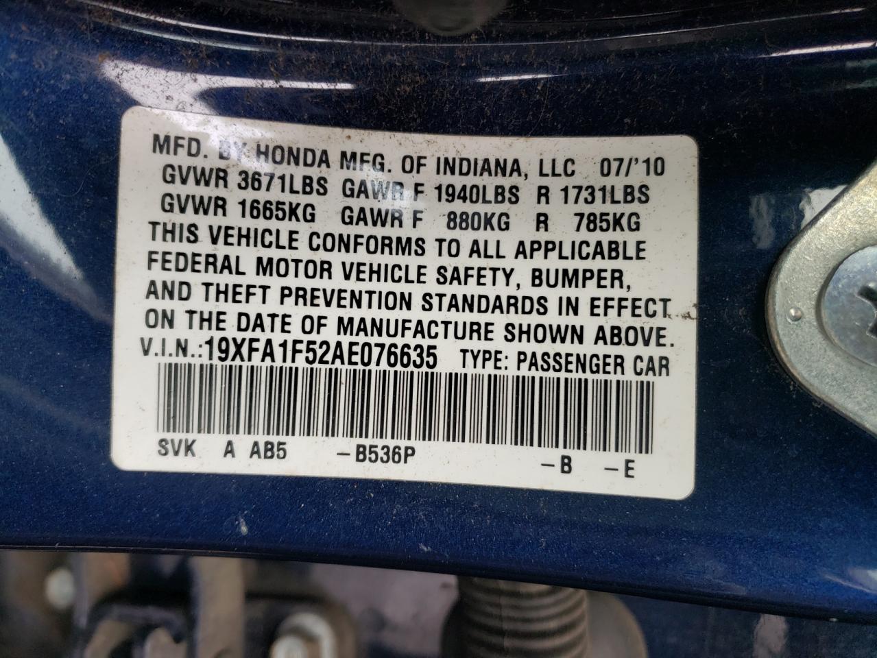 Photo 10 from auction – 2010 HONDA CIVIC LX with VIN 19XFA1F52AE076635