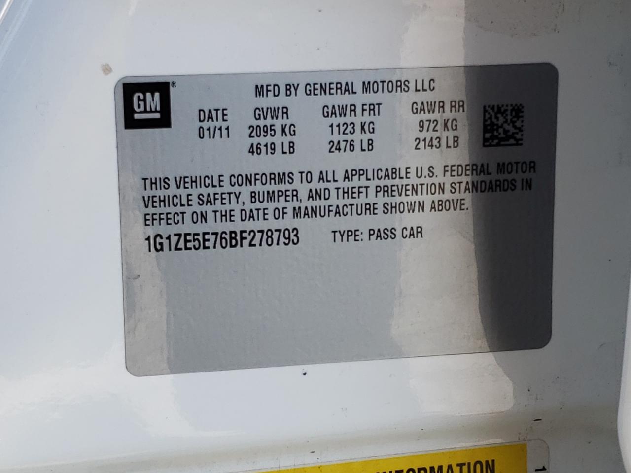 Photo 10 from auction – 2011 CHEVROLET MALIBU LTZ with VIN 1G1ZE5E76BF278793