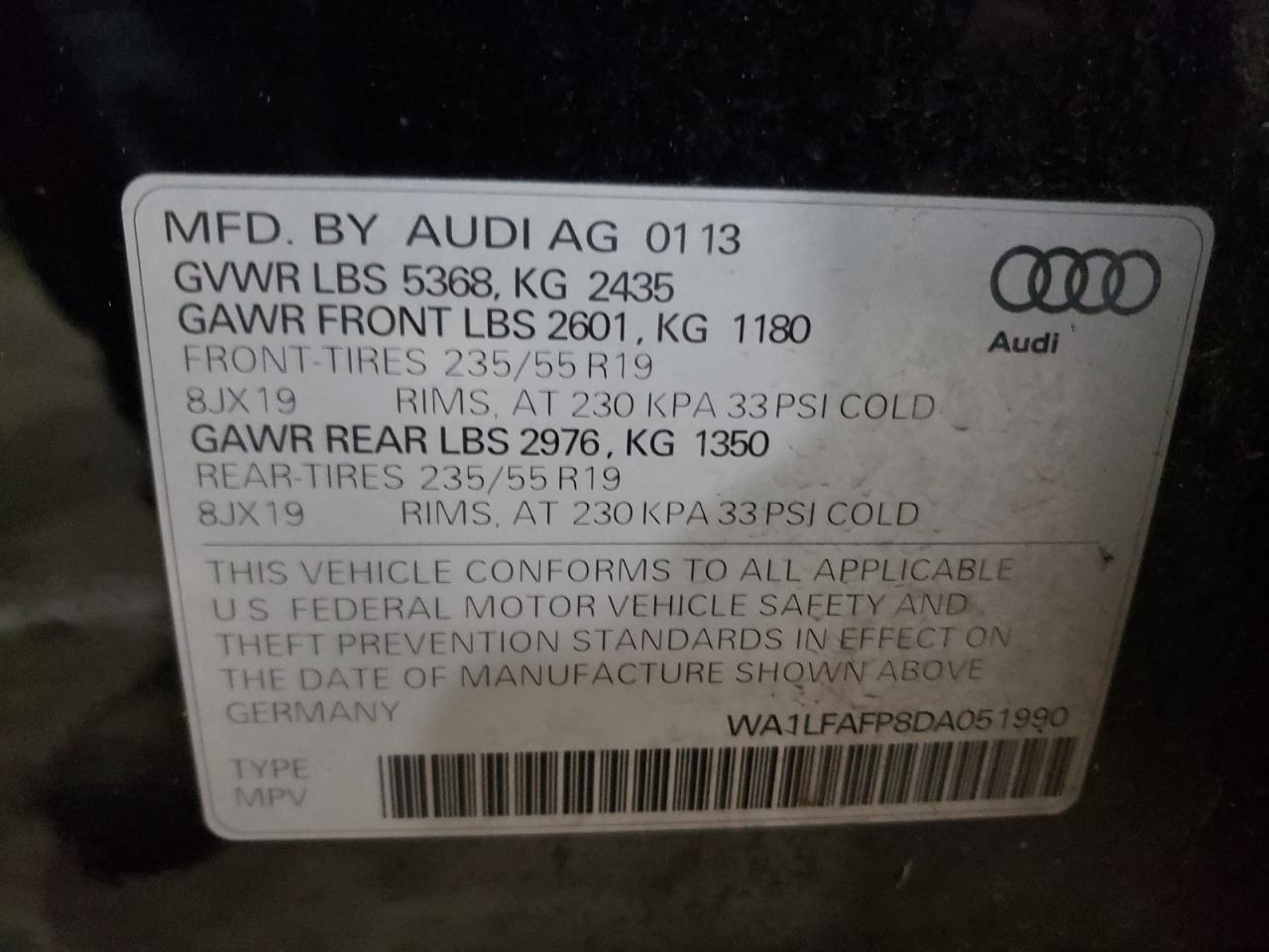 Photo 10 from auction – 2013 AUDI Q5 PREMIUM with VIN WA1LFAFP8DA051990