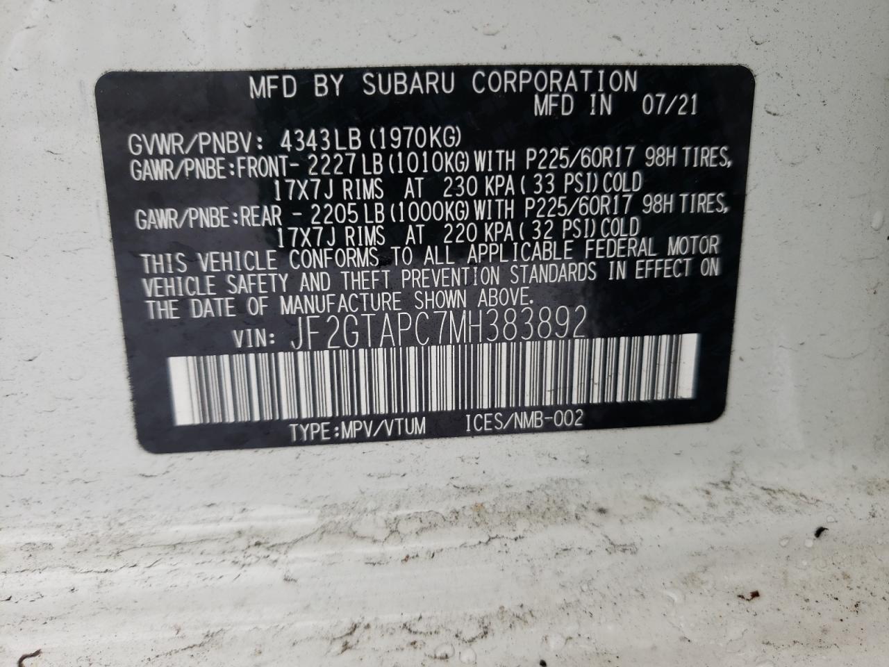 Photo 10 from auction – 2021 SUBARU CROSSTREK with VIN JF2GTAPC7MH383892
