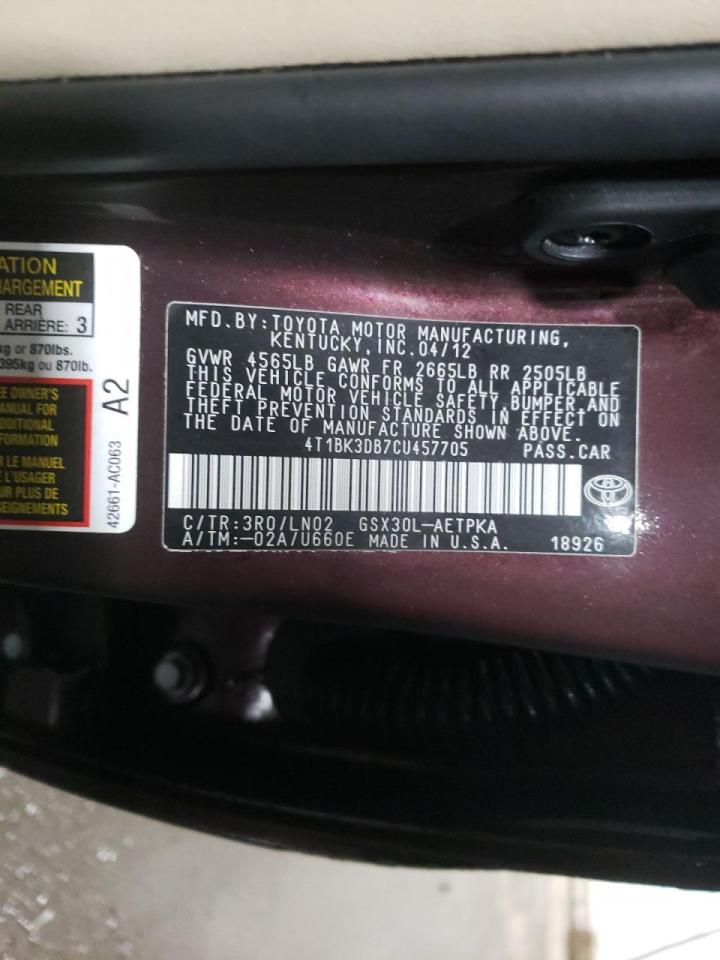 Photo 10 from auction – 2012 TOYOTA AVALON BAS with VIN 4T1BK3DB7CU457705