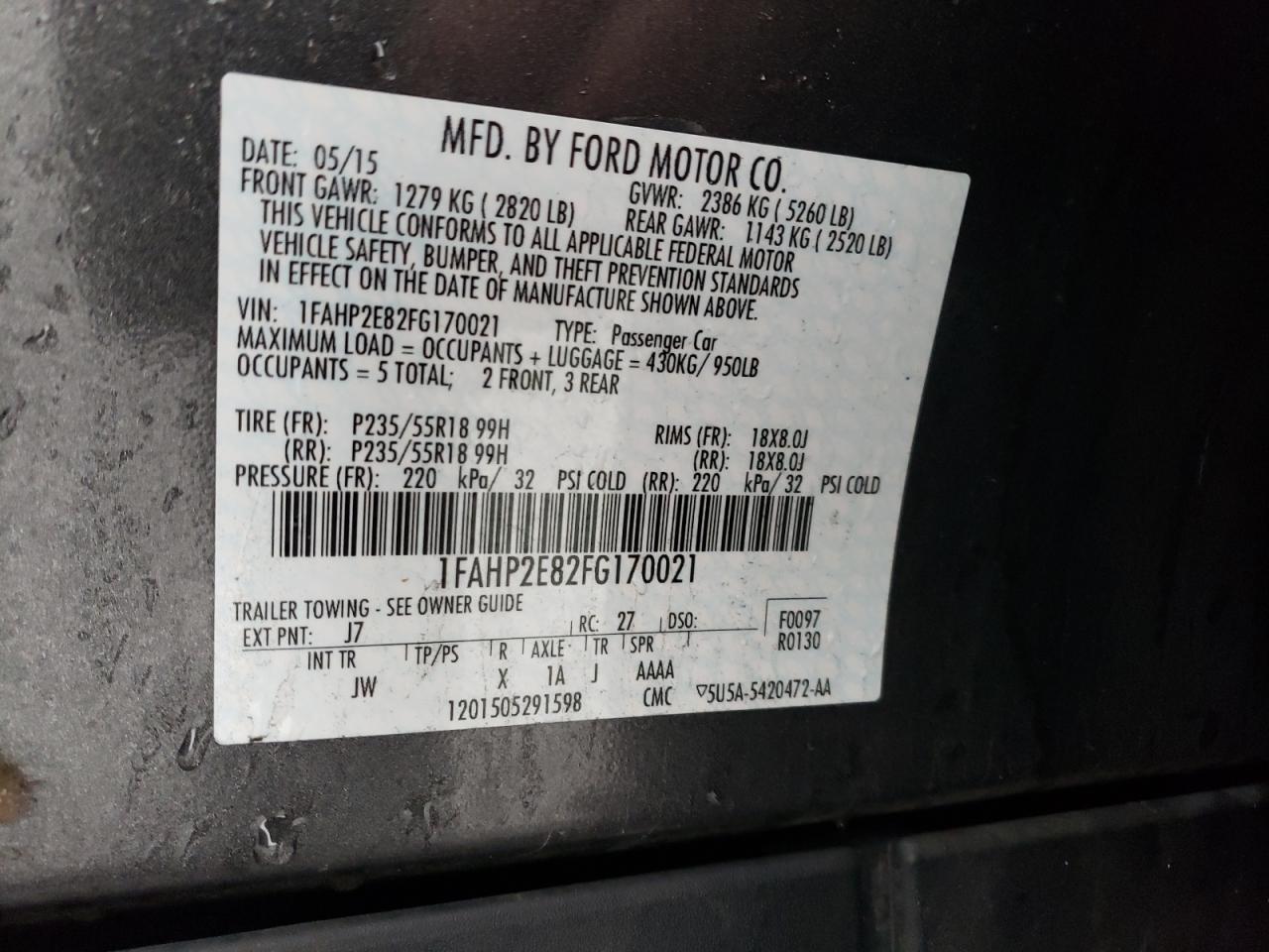 Photo 10 from auction – 2015 FORD TAURUS SEL with VIN 1FAHP2E82FG170021