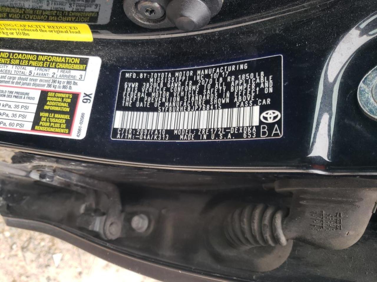Photo 10 from auction – 2018 TOYOTA COROLLA L with VIN 5YFBURHE8JP768415