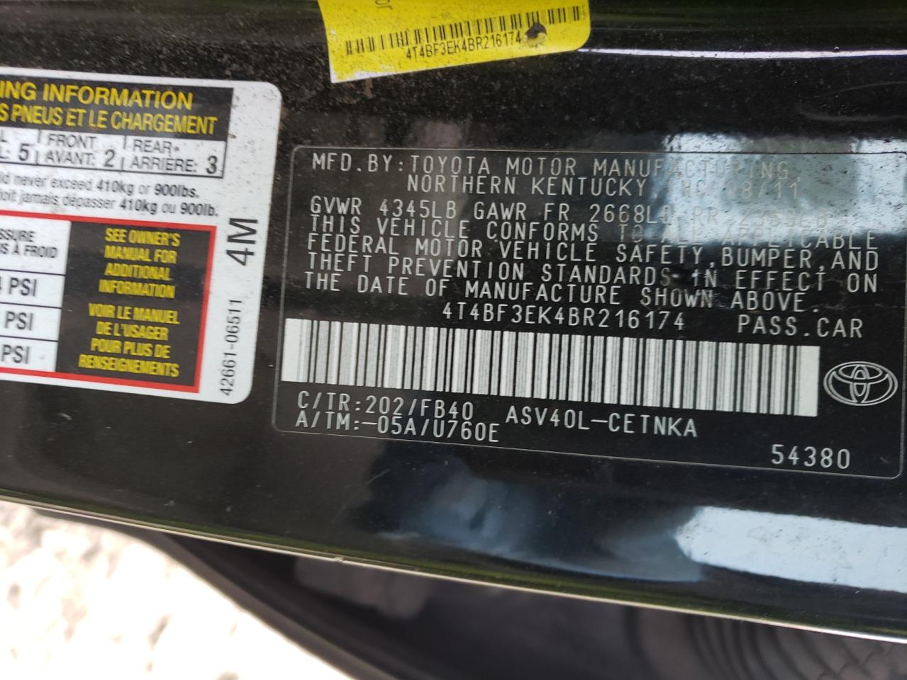 Photo 10 from auction – 2011 TOYOTA CAMRY BASE with VIN 4T4BF3EK4BR216174
