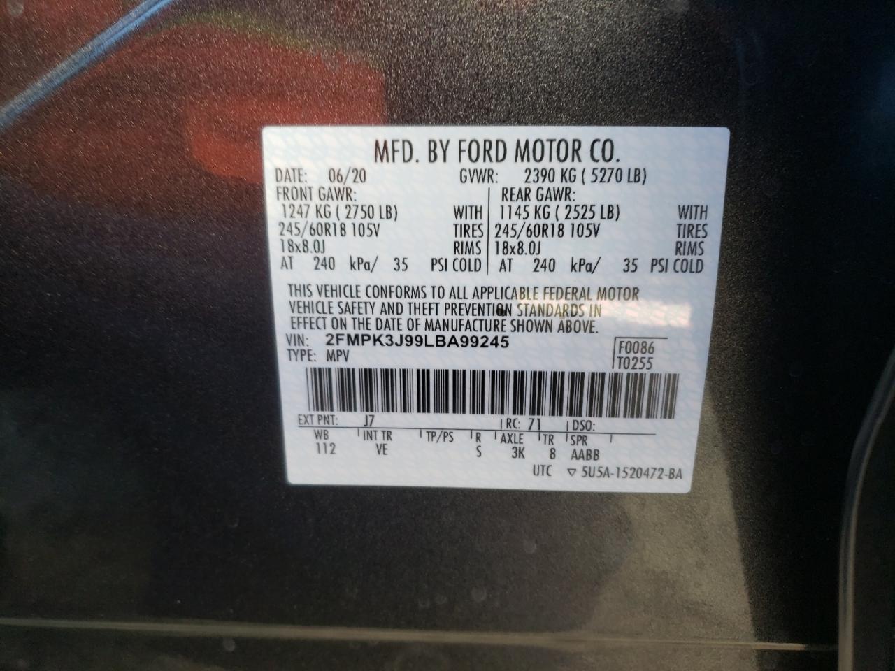 Zdjęcie 10 z aukcji – 2020 FORD EDGE SEL z VIN 2FMPK3J99LBA99245