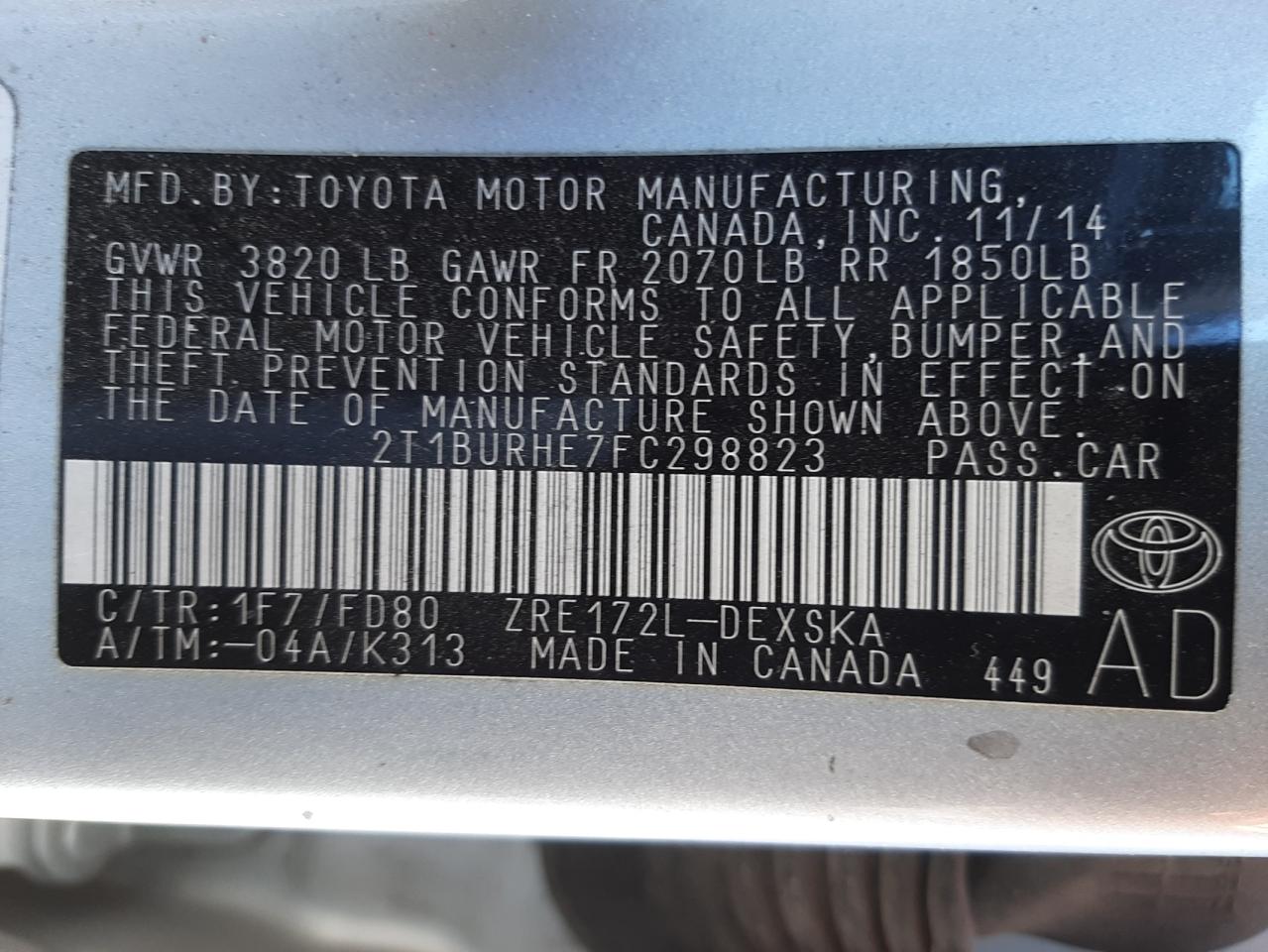 Photo 10 from auction – 2015 TOYOTA COROLLA L with VIN 2T1BURHE7FC298823