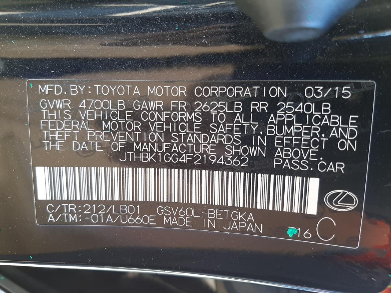 Photo 10 from auction – 2015 LEXUS ES 350 with VIN JTHBK1GG4F2194362