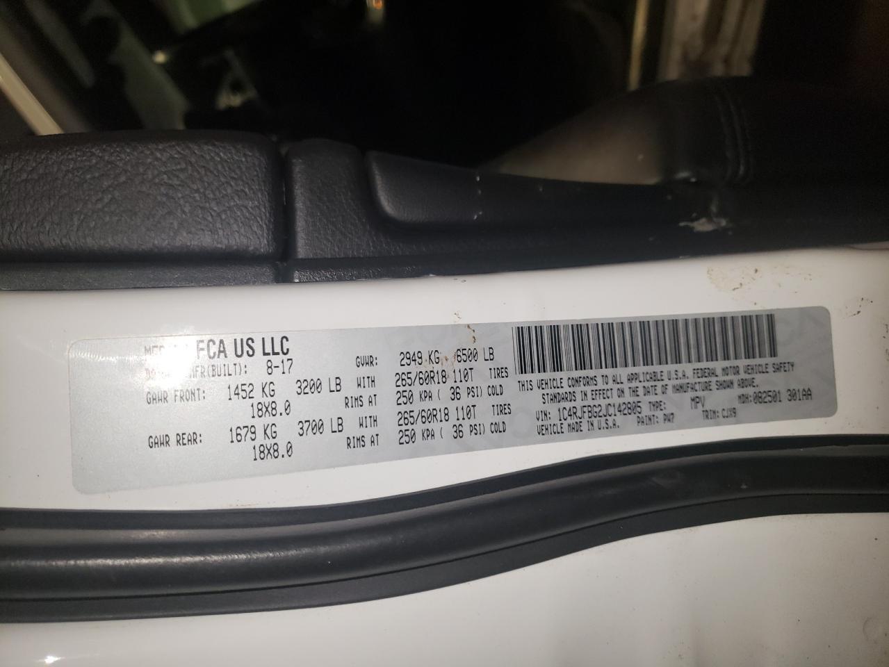 Photo 10 from auction – 2018 JEEP GRAND CHER with VIN 1C4RJFBG2JC142805