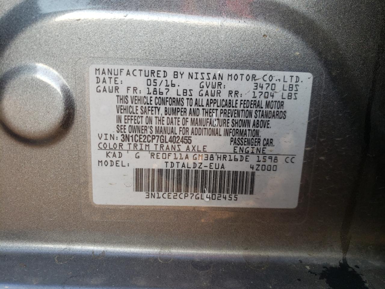 Photo 10 from auction – 2016 NISSAN VERSA NOTE with VIN 3N1CE2CP7GL402455