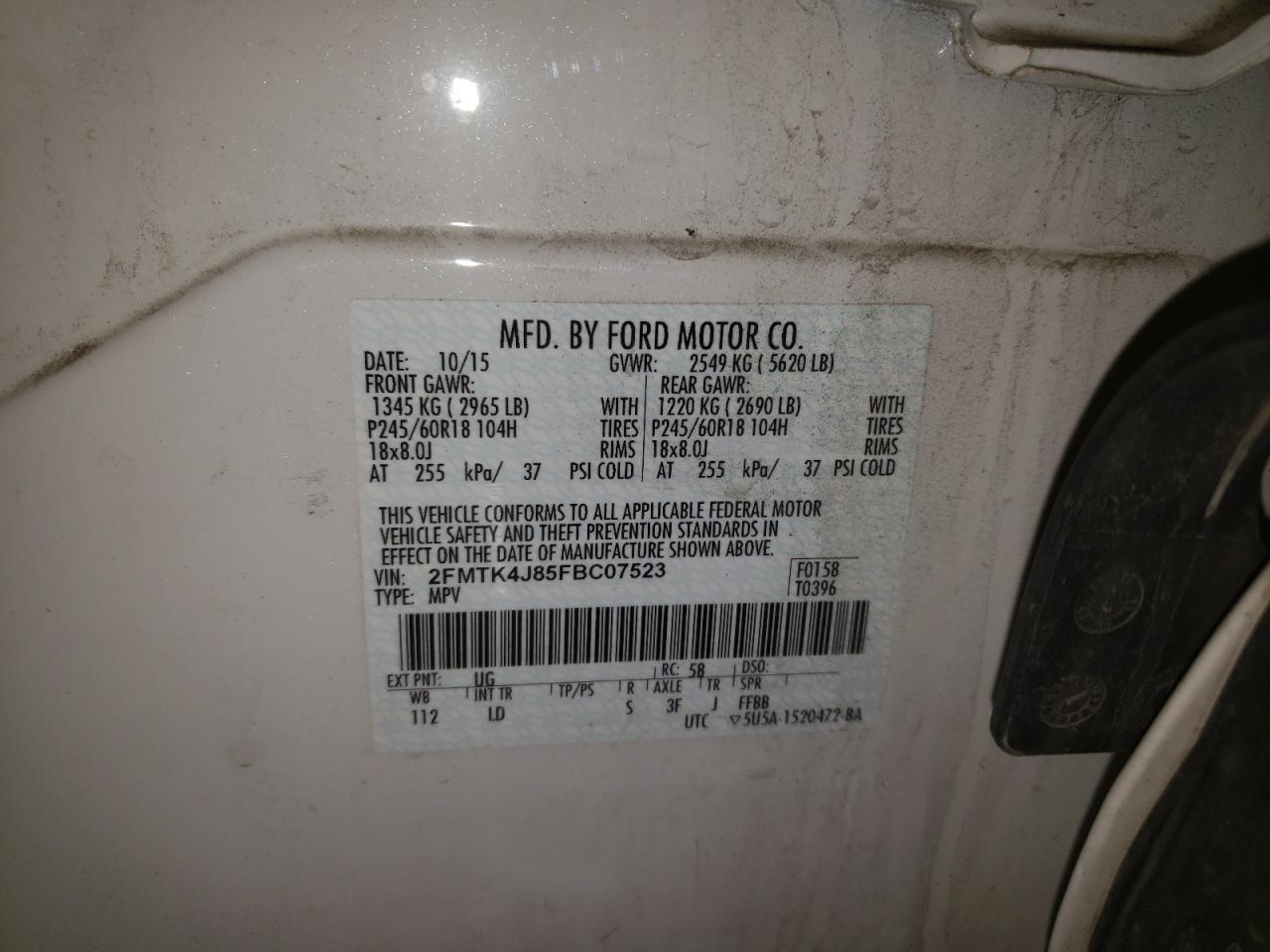 Photo 10 from auction – 2015 FORD EDGE SEL with VIN 2FMTK4J85FBC07523