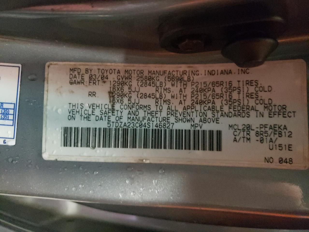 Photo 10 from auction – 2004 TOYOTA SIENNA CE with VIN 5TDZA23C04S146827