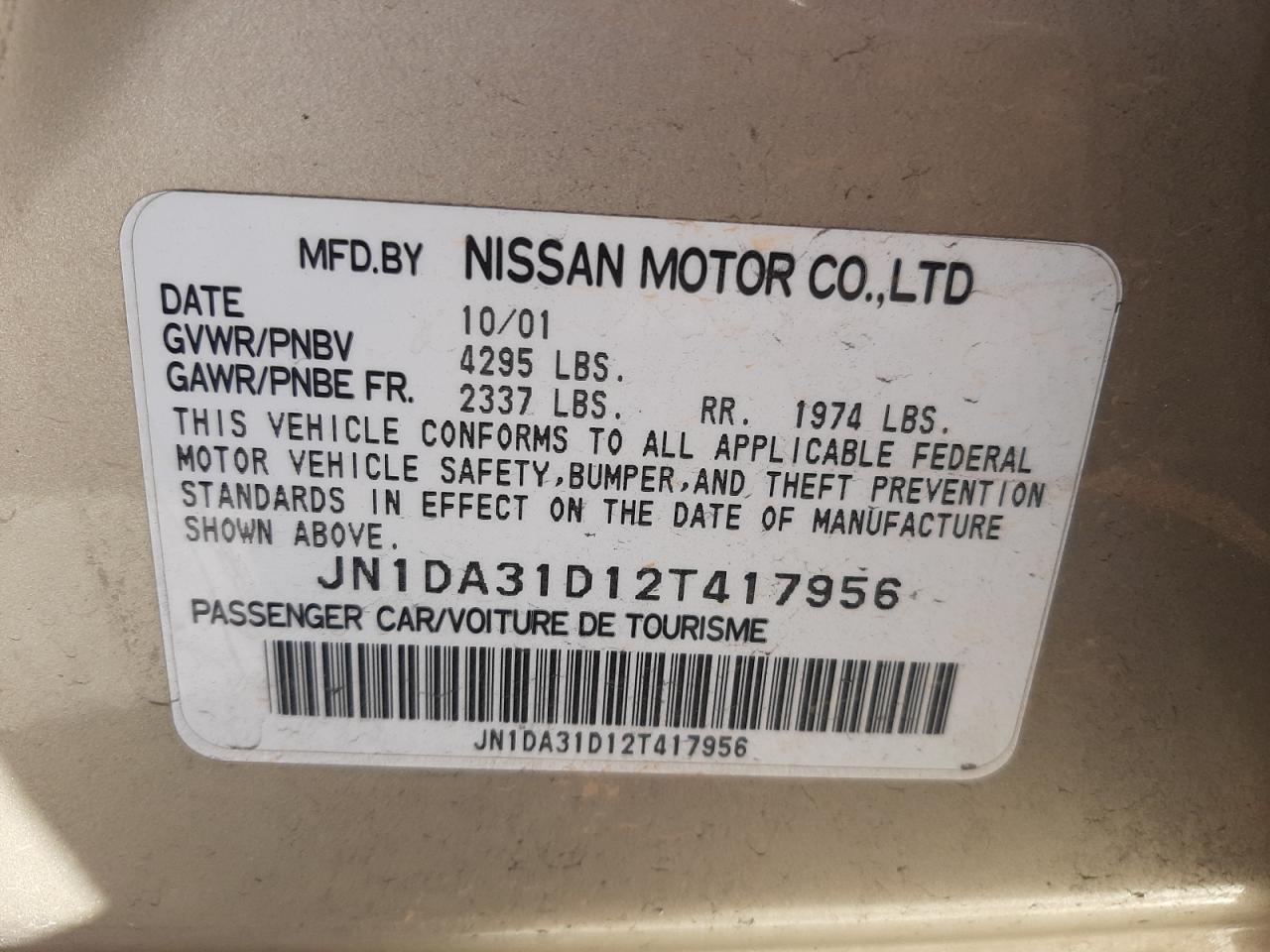 Photo 10 from auction – 2002 NISSAN MAXIMA GLE with VIN JN1DA31D12T417956