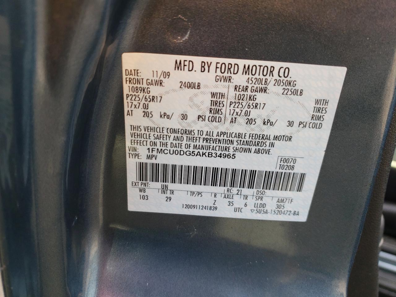 Photo 10 from auction – 2010 FORD ESCAPE XLT with VIN 1FMCU0DG5AKB34965