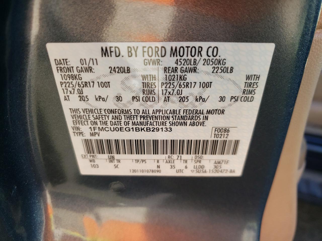 Photo 10 from auction – 2011 FORD ESCAPE LIM with VIN 1FMCU0EG1BKB29133