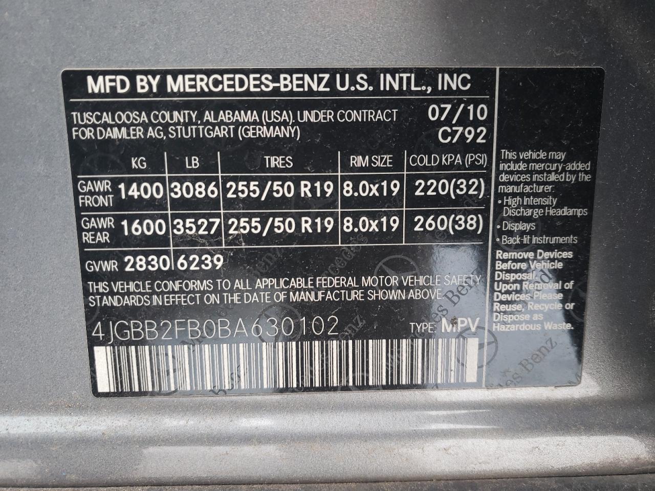 Photo 10 from auction – 2011 MERCEDES-BENZ ML 350 BLU with VIN 4JGBB2FB0BA630102