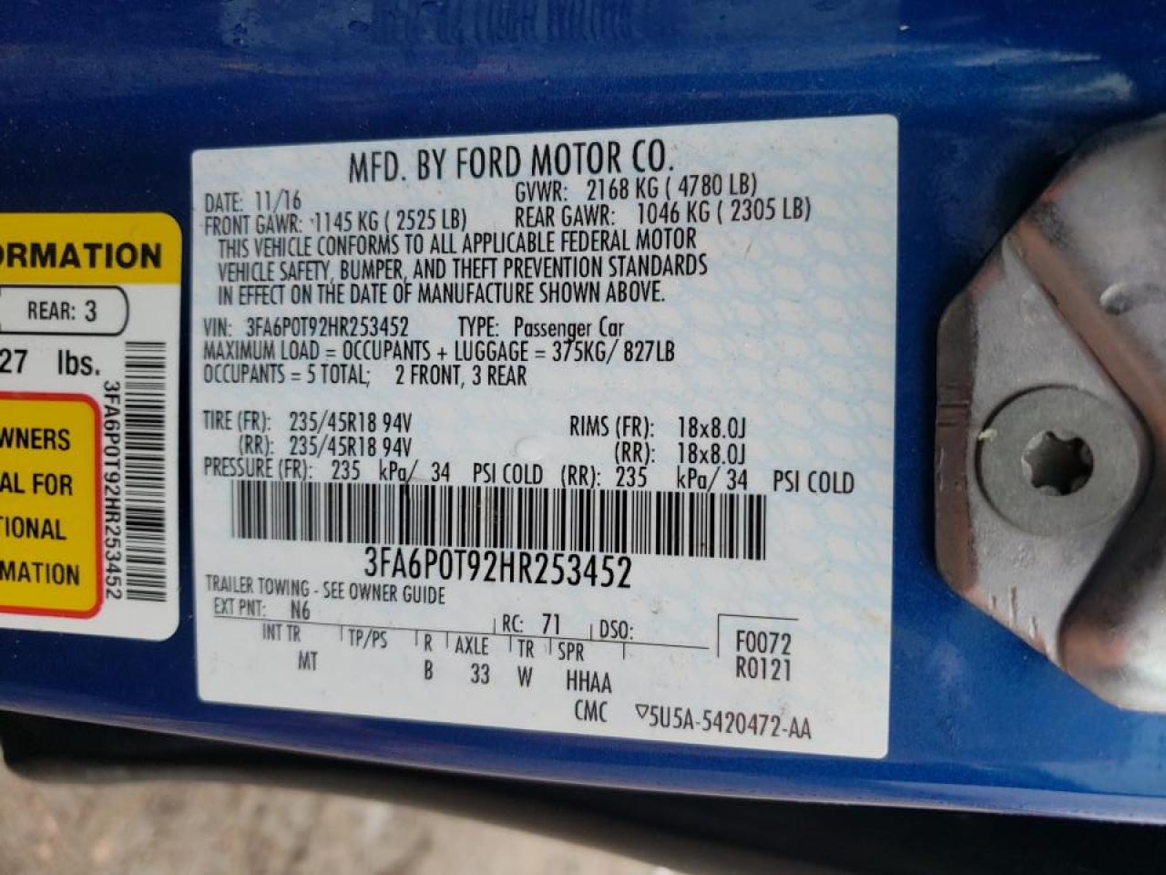 Photo 10 from auction – 2017 FORD FUSION SE with VIN 3FA6P0T92HR253452