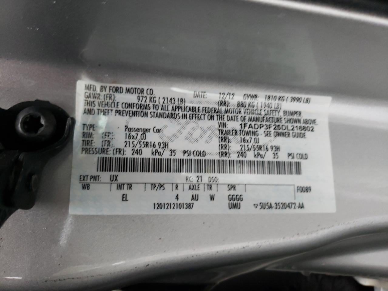 Photo 10 from auction – 2013 FORD FOCUS SE with VIN 1FADP3F25DL216802