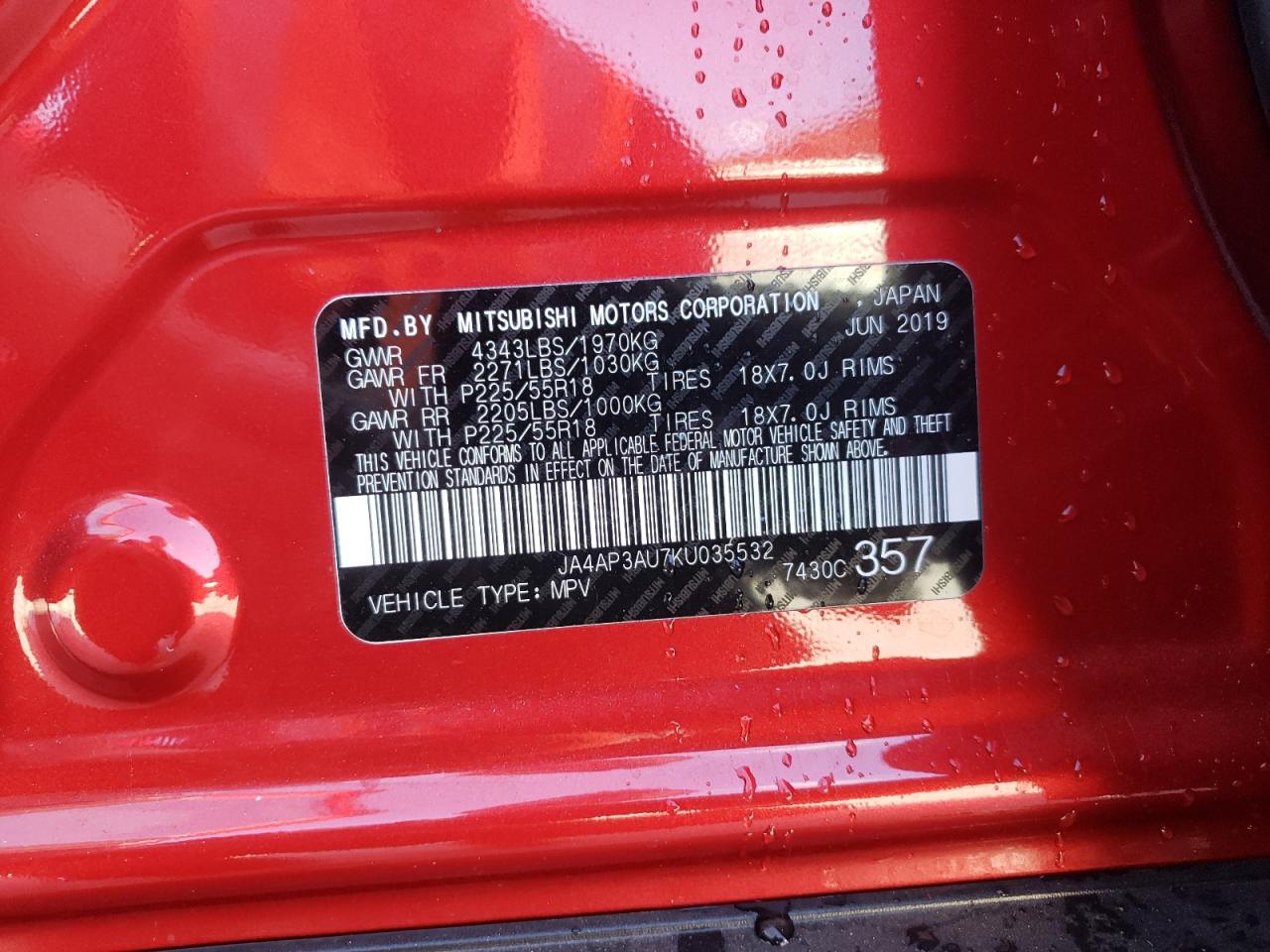 Photo 10 from auction – 2019 MITSUBISHI OUTLANDER with VIN JA4AP3AU7KU035532