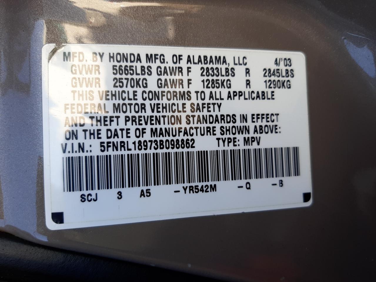 Photo 10 from auction – 2003 HONDA ODYSSEY EX with VIN 5FNRL18973B098862