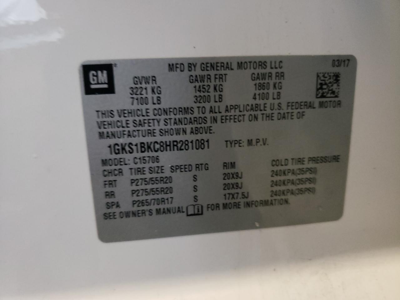 Photo 10 from auction – 2017 GMC YUKON SLT with VIN 1GKS1BKC8HR281081
