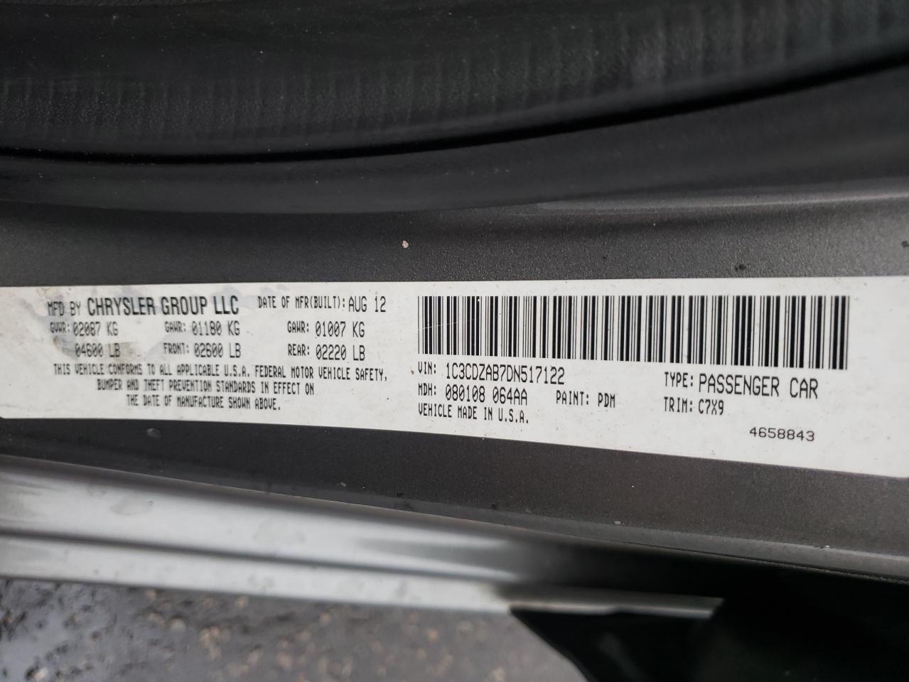 Photo 10 from auction – 2013 DODGE AVENGER SE with VIN 1C3CDZAB7DN517122