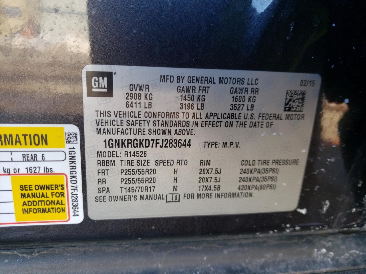 Photo 10 from auction – 2015 CHEVROLET TRAVERSE L with VIN 1GNKRGKD7FJ283644