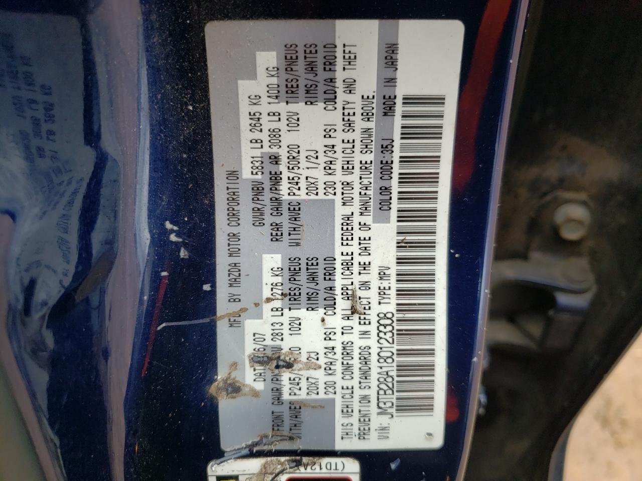 Photo 10 from auction – 2008 MAZDA CX-9 with VIN JM3TB28A180123308