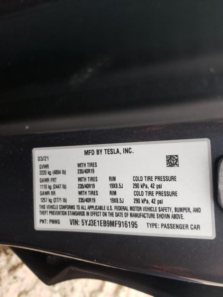 Photo 10 from auction – 2021 TESLA MODEL 3 with VIN 5YJ3E1EB9MF916195