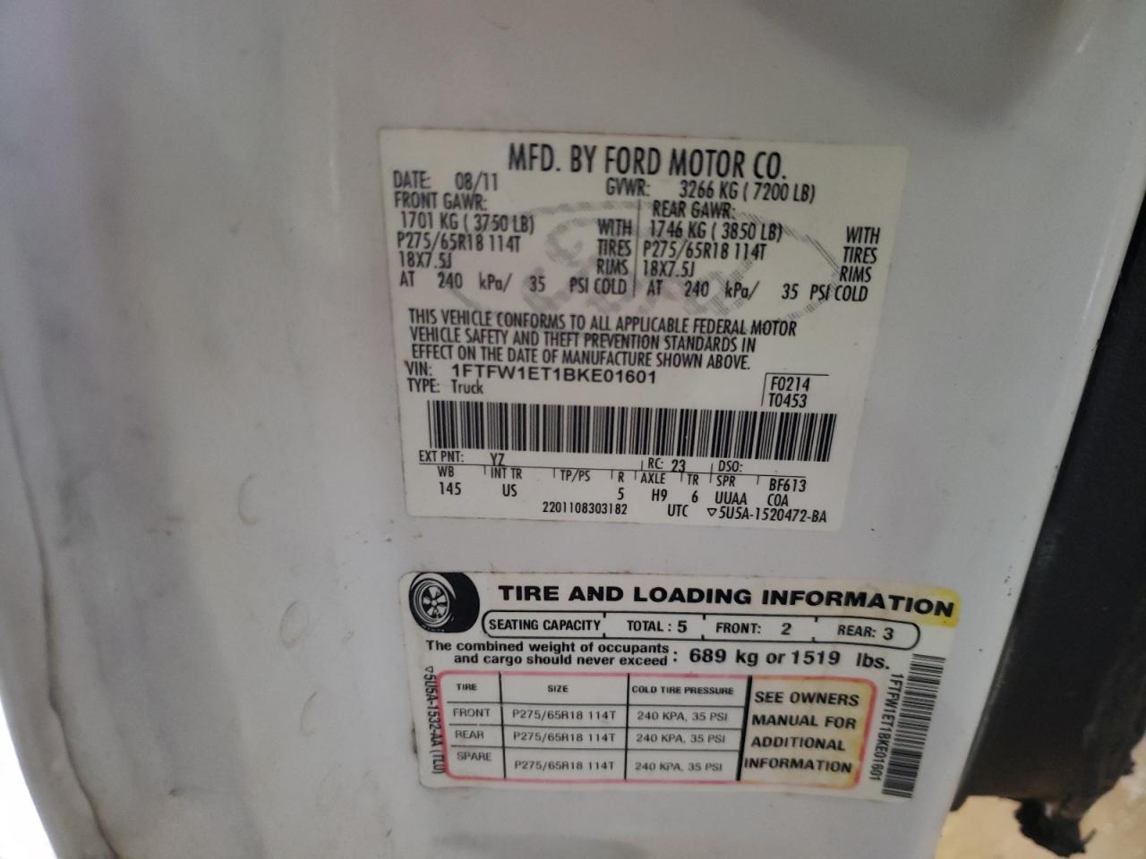 Photo 10 from auction – 2011 FORD F150 SUPER with VIN 1FTFW1ET1BKE01601