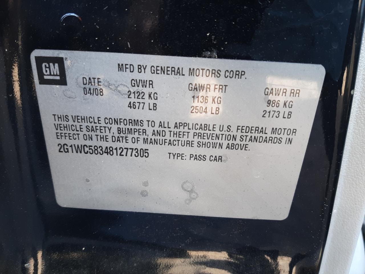 Photo 10 from auction – 2008 CHEVROLET IMPALA LT with VIN 2G1WC583481277305