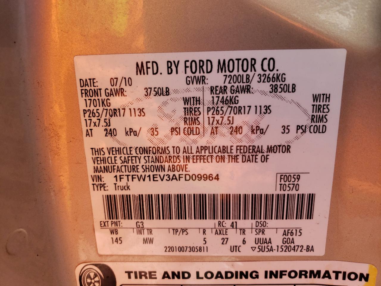 Photo 10 from auction – 2010 FORD F150 SUPER with VIN 1FTFW1EV3AFD09964